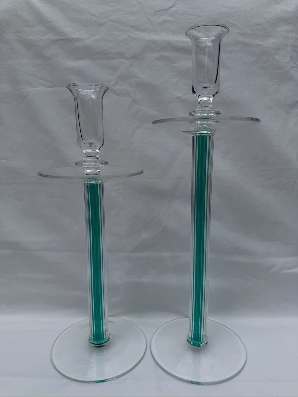 Vintage IVV Industria Italy 2 Reeded Emerald Green Glass Candlestick Holders